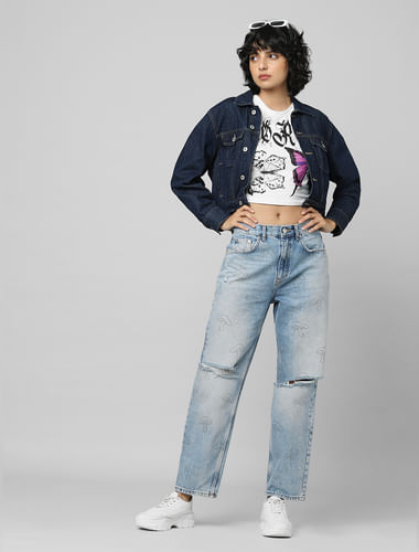 Blue High Rise Printed Straight Fit Jeans