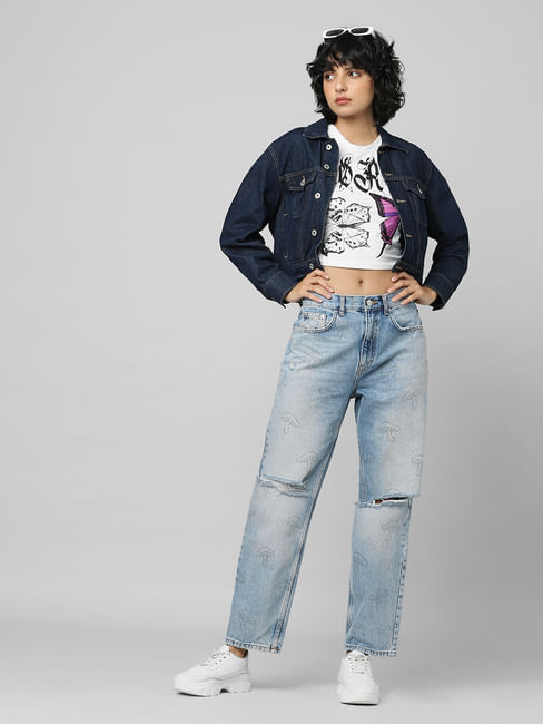 Blue High Rise Printed Straight Fit Jeans