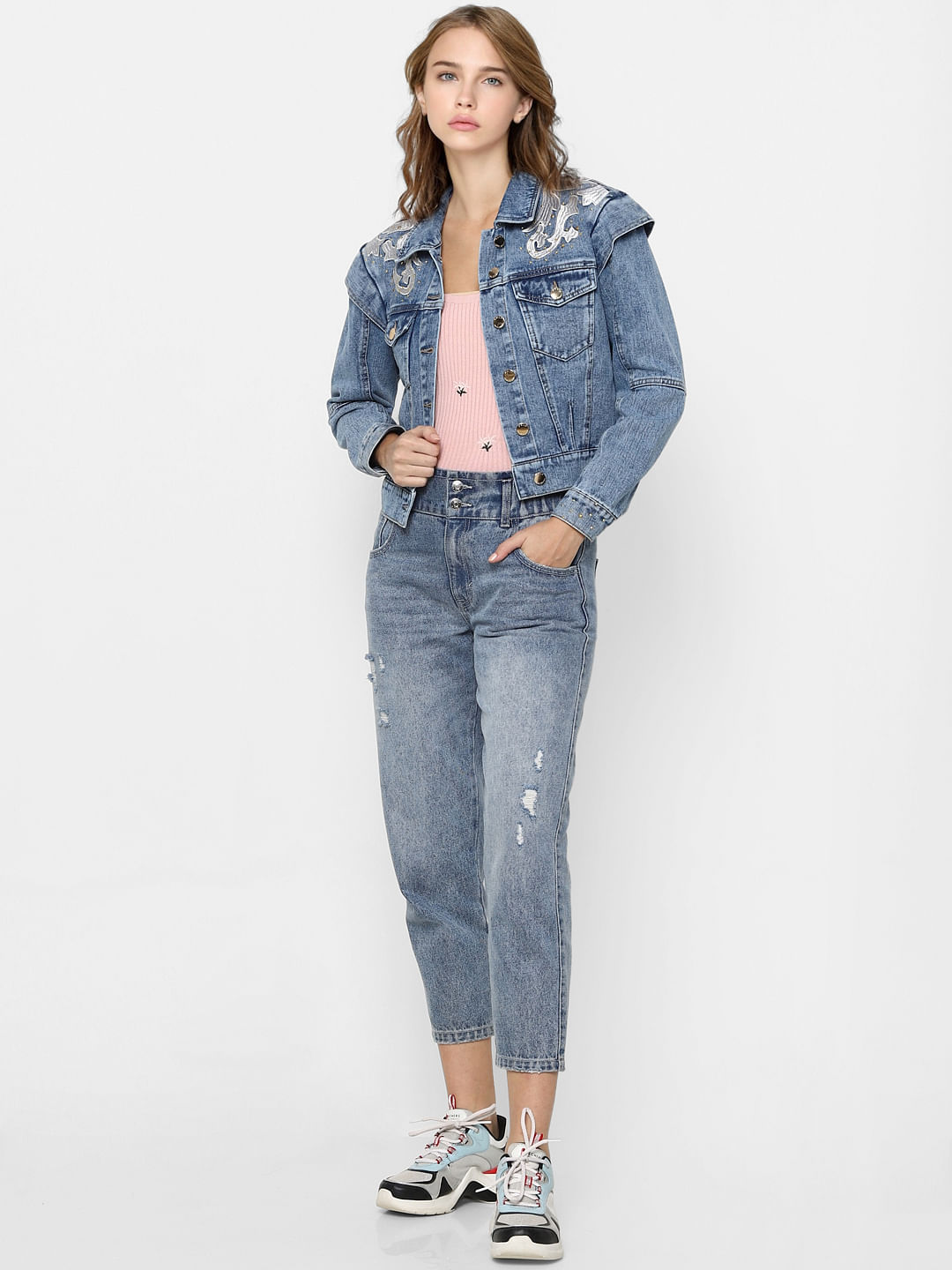Buy online Women Blue Solid Denim Jacket from jackets and blazers and coats  for Women by Showoff for ₹2129 at 60% off | 2024 Limeroad.com