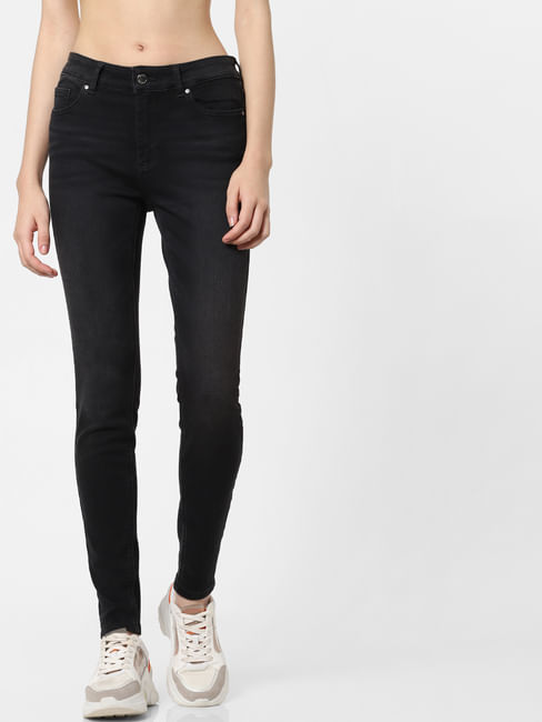 Black Mid Rise Mildly Washed Skinny Jeans