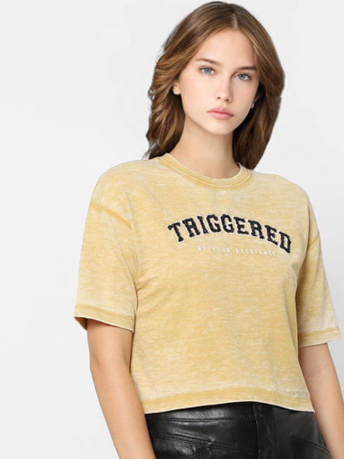 Yellow Washed Text Print T-shirt