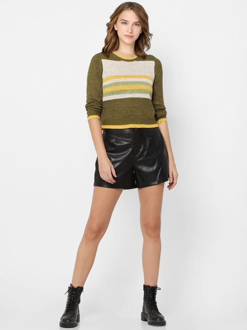 Green Colourblocked Knit Pullover