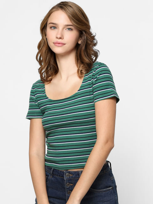 Green Striped Cropped Top