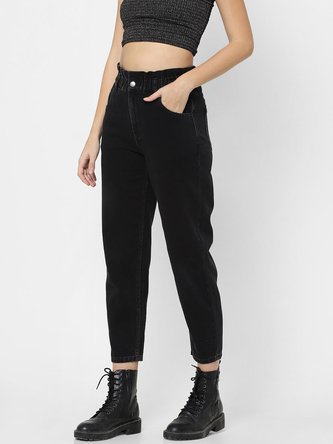 black high rise carrot leg jeans