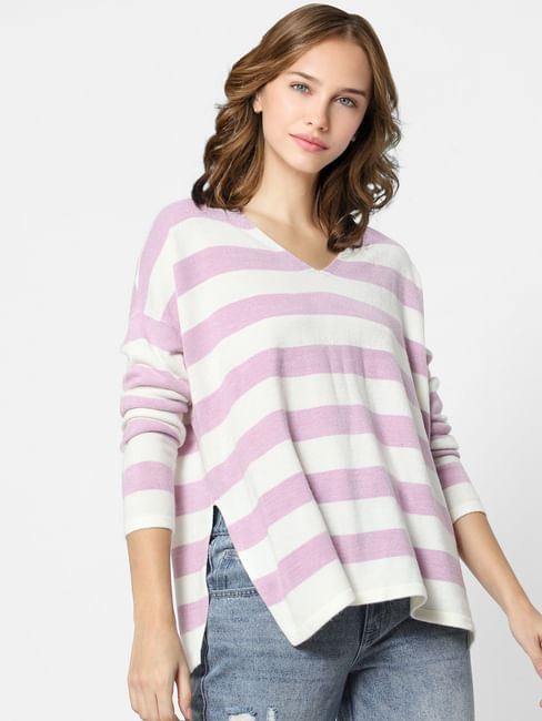 Purple Striped V Neck Pullover