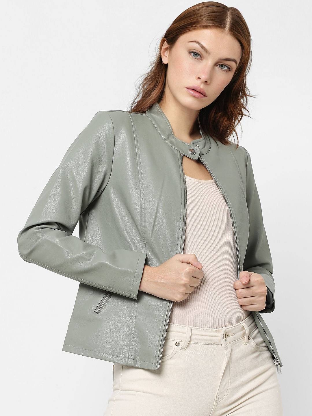 mint green faux leather jacket