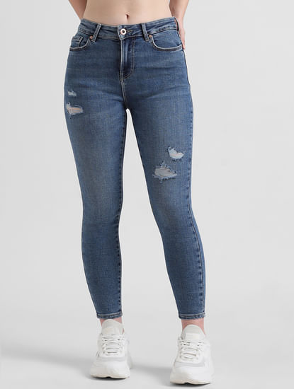Blue High Rise Skinny Distressed Jeans