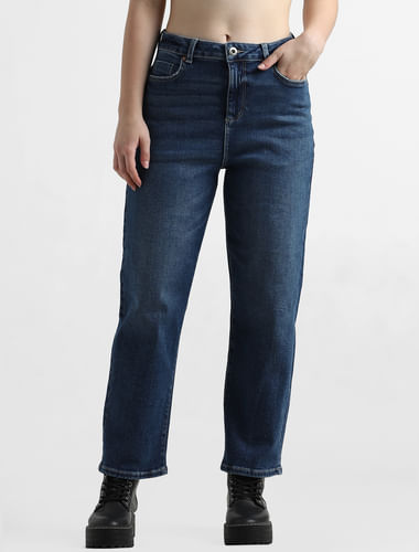 Dark Blue High Rise Straight Fit Jeans