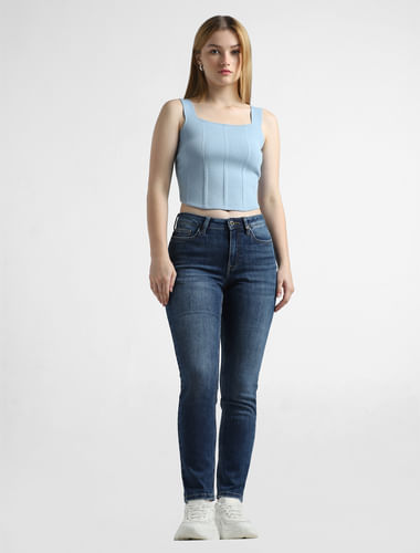Dark Blue Mid Rise Cropped Straight Fit Jeans