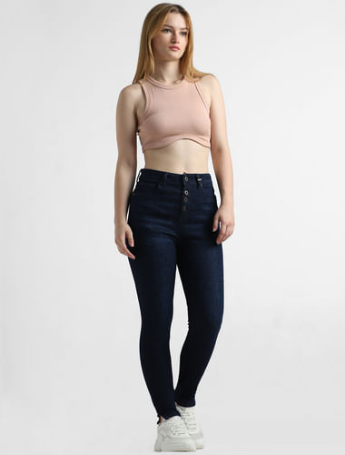 Dark Blue High Rise Buttoned Skinny Jeans