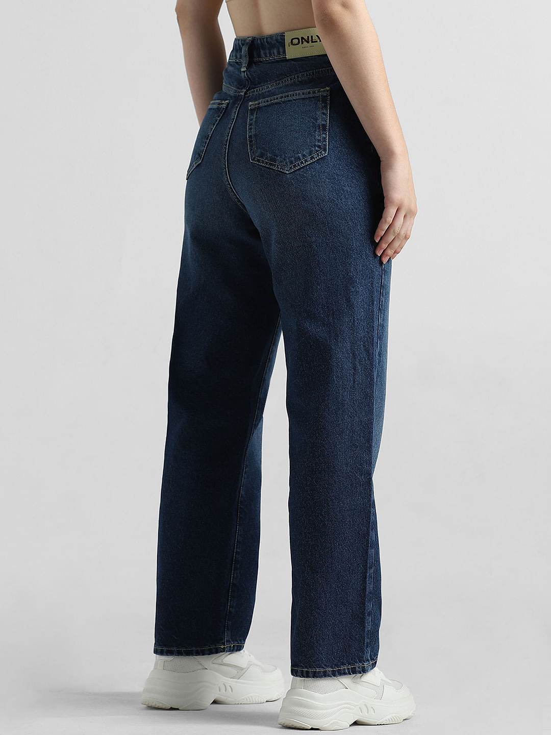 Dark Blue High Rise Distressed Wide Leg Jeans