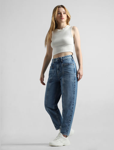 Blue High Rise Pintuck Baggy Fit Jeans