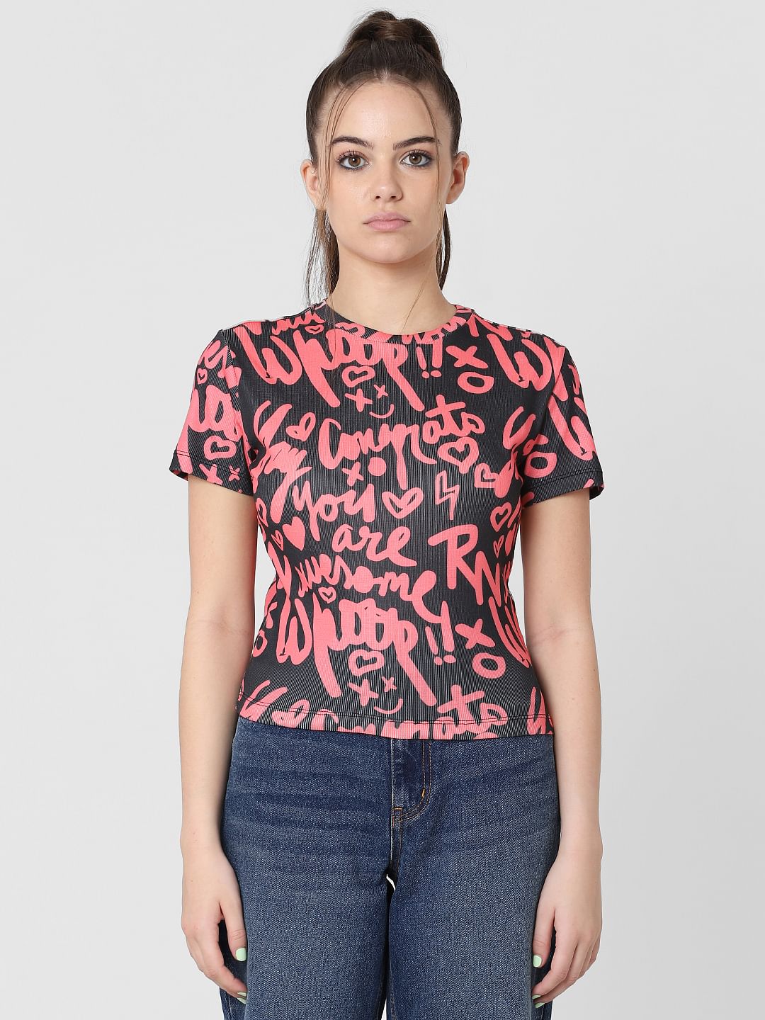 Buy Black All Over Print Ribbed T shirt ONLY 154124401