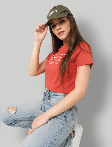 Red Slogan Print Cropped T-shirt