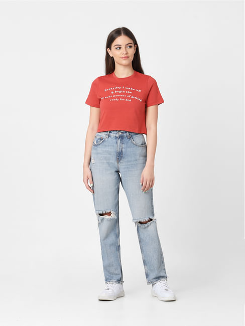 Red Slogan Print Cropped T-shirt