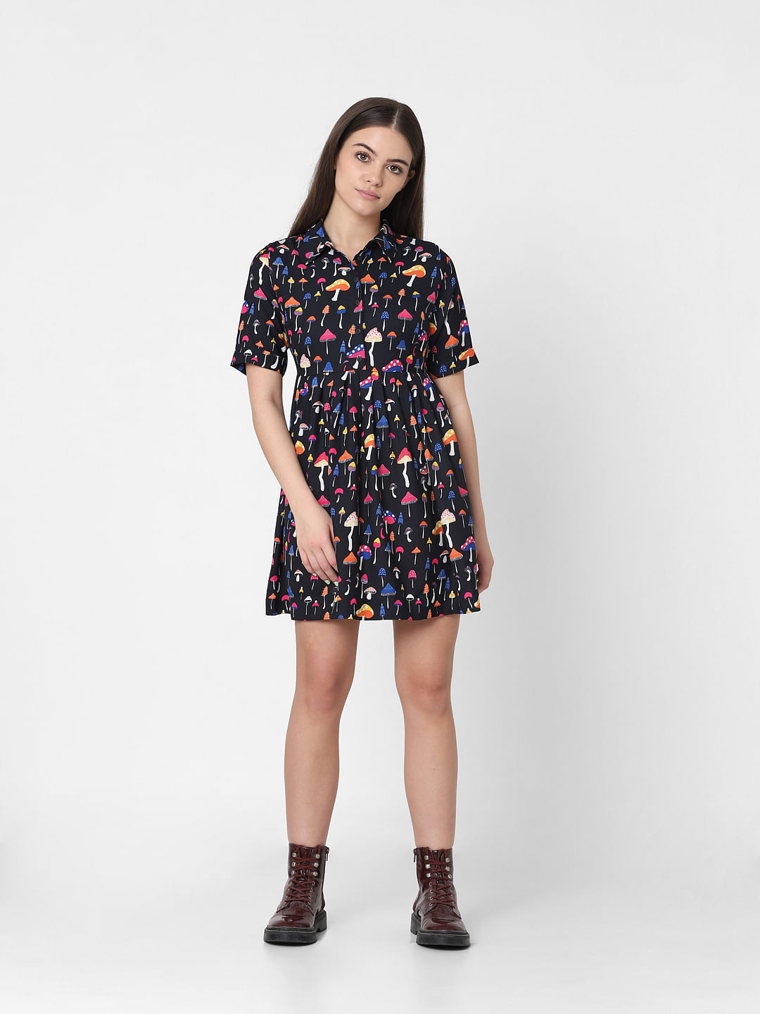 Buy Black Mushroom Print Fit & Flare Dress for Women | ONLY
