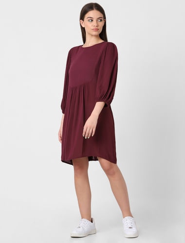 Maroon Puff Sleeves Fit & Flare Dress