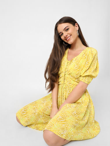 Yellow All Over Print Fit & Flare Dress