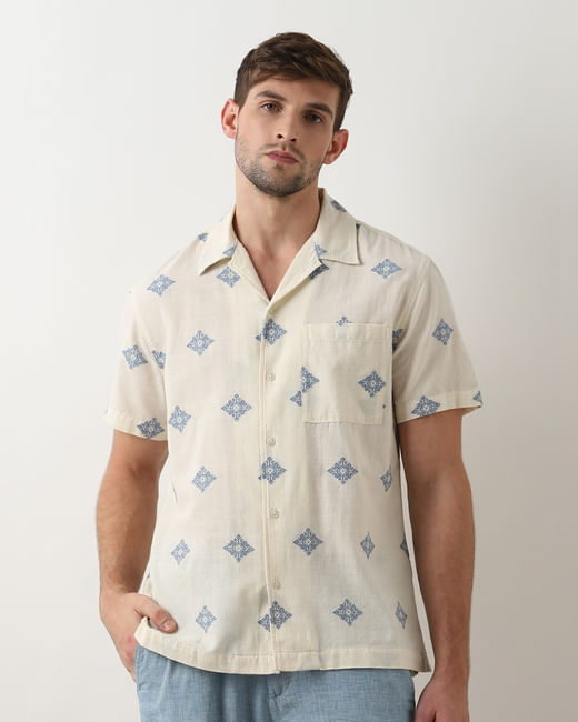 Beige Printed Cuban Collar Short Sleeves Shirt