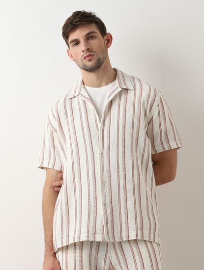 Beige Striped Cuban Collar Co-ord Set Shirt