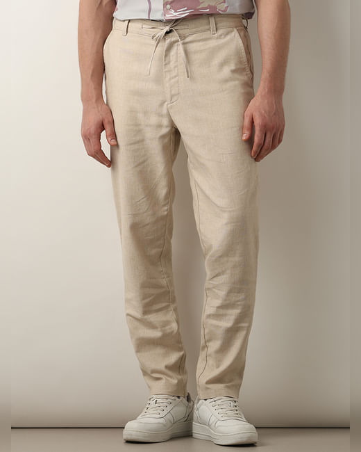 Beige Mid Rise Casual Pants