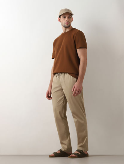 Beige Mid Rise Straight Fit Pants