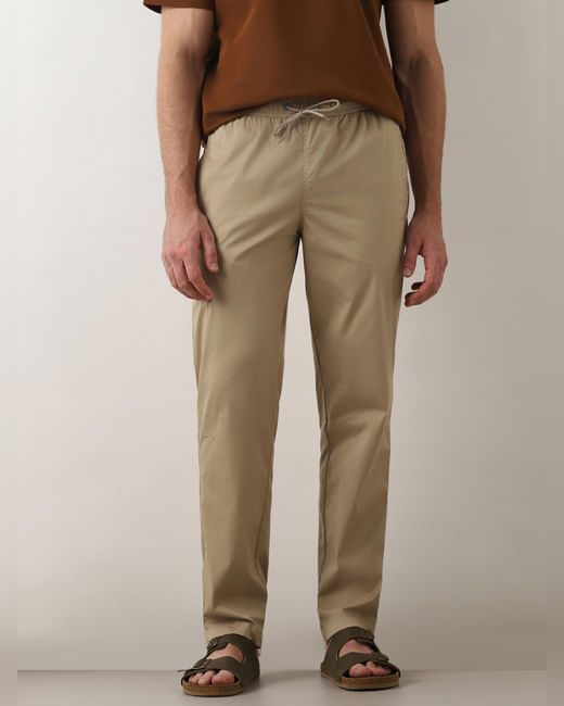 Beige Mid Rise Straight Fit Pants
