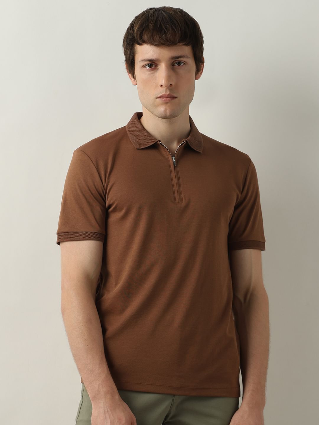 Buy Brown Zip Detail Polo T shirt for Men at SELECTED HOMME