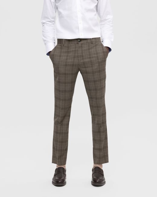Brown Mid Rise Check Slim Fit Trousers