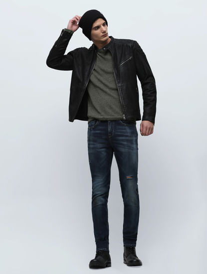 Blue Mid Rise Distressed Slim Fit Jeans