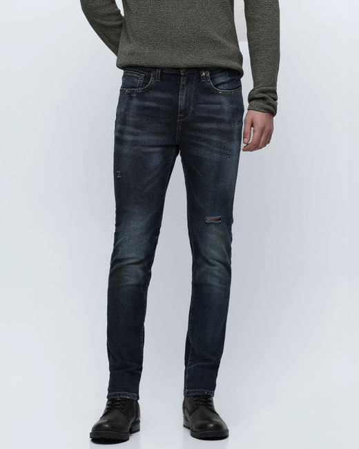 Blue Mid Rise Distressed Slim Fit Jeans