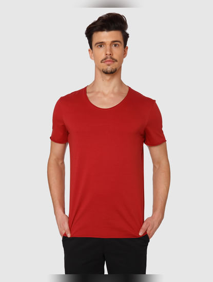 Red Raw Edge Crew Neck T-Shirt