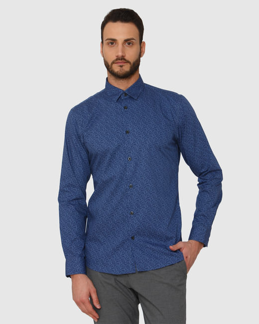 Blue Printed Slim Fit Full Sleeves Shirt