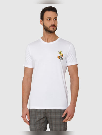 White Floral Print Crew Neck T-Shirt