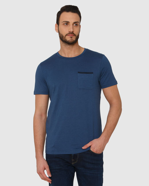 Blue Front Chest Pocket Crew Neck T-Shirt