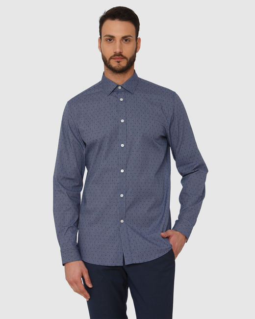 Blue Printed Slim Fit Full Sleeves Shirt