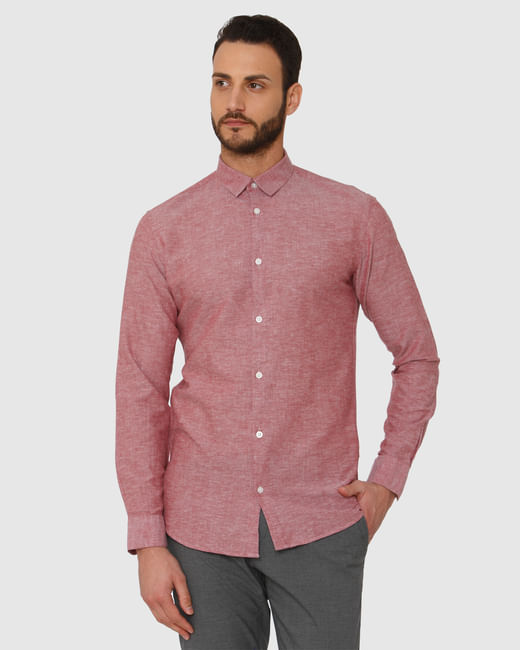Red Faded Linen Slim Fit Full Sleeves Shirt