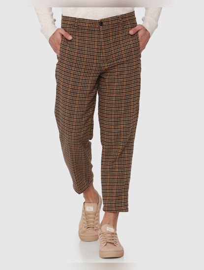 Brown Check Straight Fit Pants
