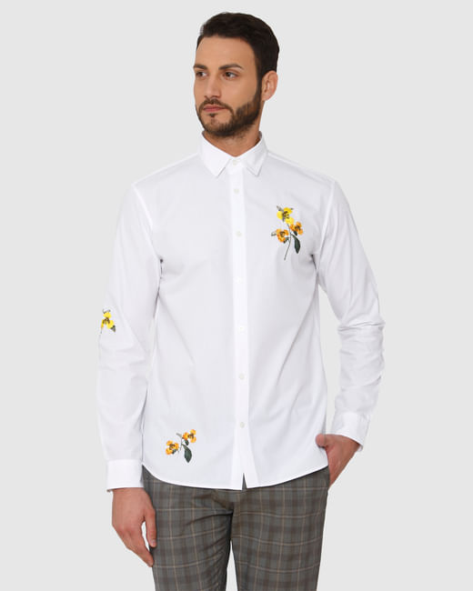 White Floral Embroidered Full Sleeves Shirt