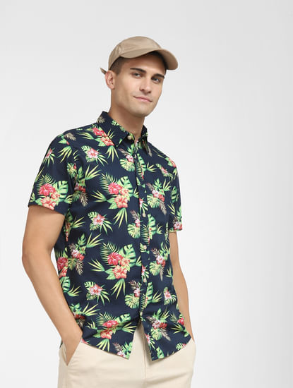 Navy Blue Tropical Print Short Sleeves Shirt