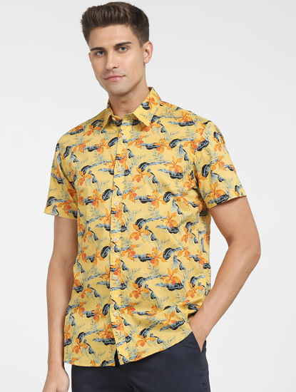 Yellow Tropical Print Short Sleeves Shirt