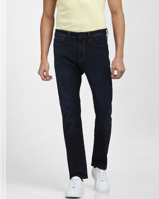 Dark Blue Mid Rise Faded Straight Fit Jeans