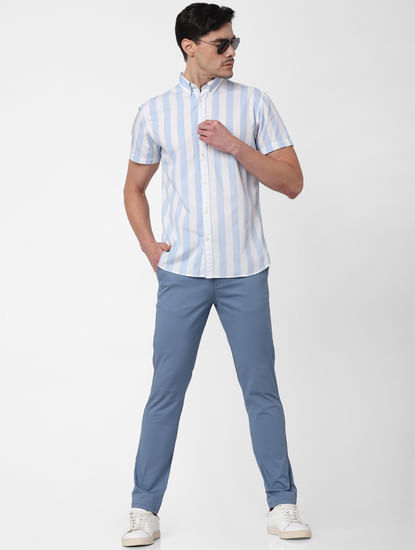 Light Blue Striped Short Sleeves Shirt