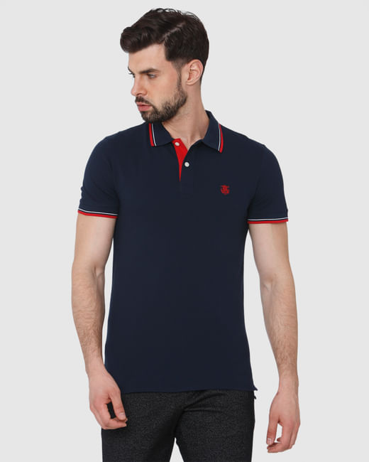 Navy Blue Contrast Tipping Polo T-Shirt