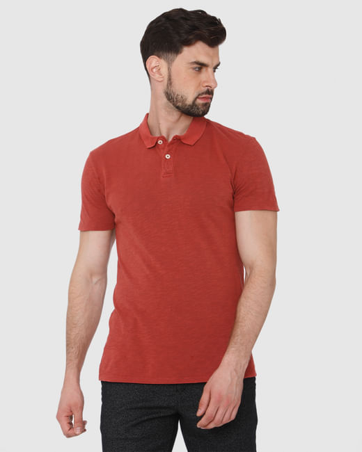Red Overdyed Polo Neck T-Shirt