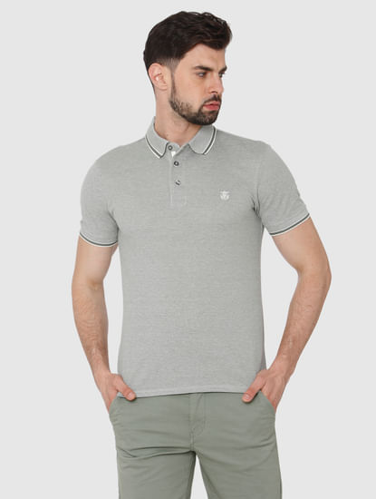 Grey Contrast Tipping Polo Neck T-Shirt