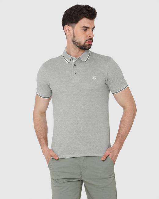 Grey Contrast Tipping Polo Neck T-Shirt