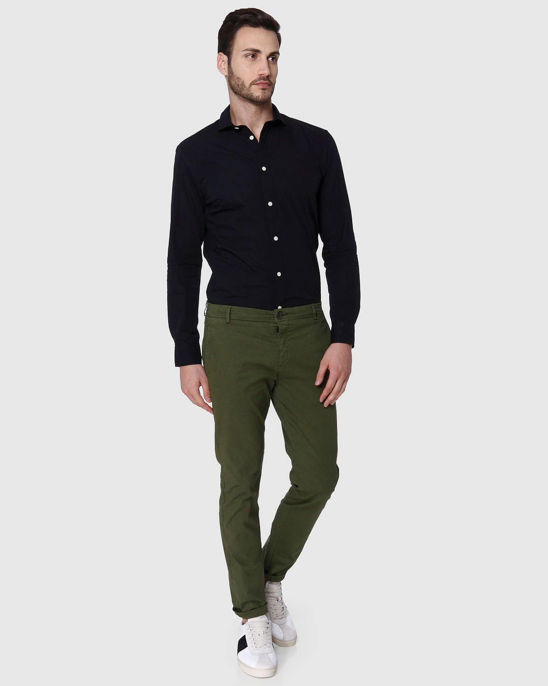 black shirt green pants formal