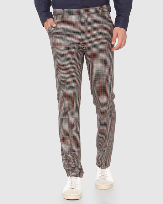 Brown Mid Rise Check Trousers