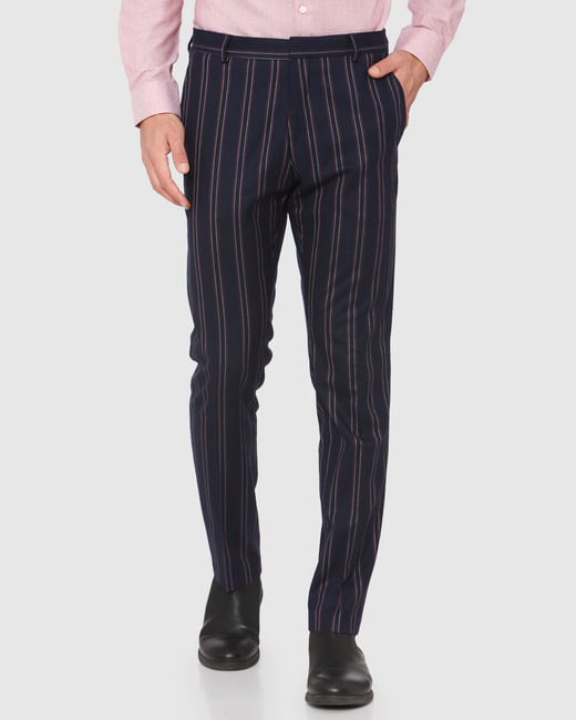 Navy Blue Mid Rise Striped Trousers